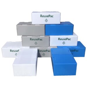 Reusable shoe boxes made of corrugated PP panels.
