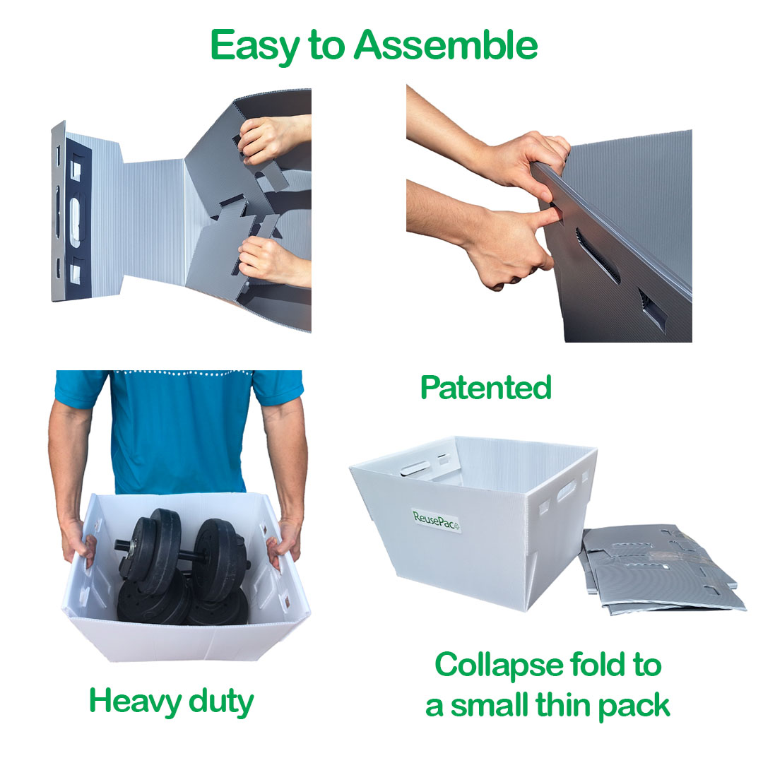 ReusePac postal mail totes, nestable totes are heavy duty and half price.